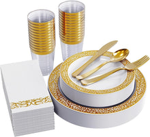Load image into Gallery viewer, Complete Gold Lace 175 Ct Dinnerware Set - Perfect for Weddings &amp; Celebrations