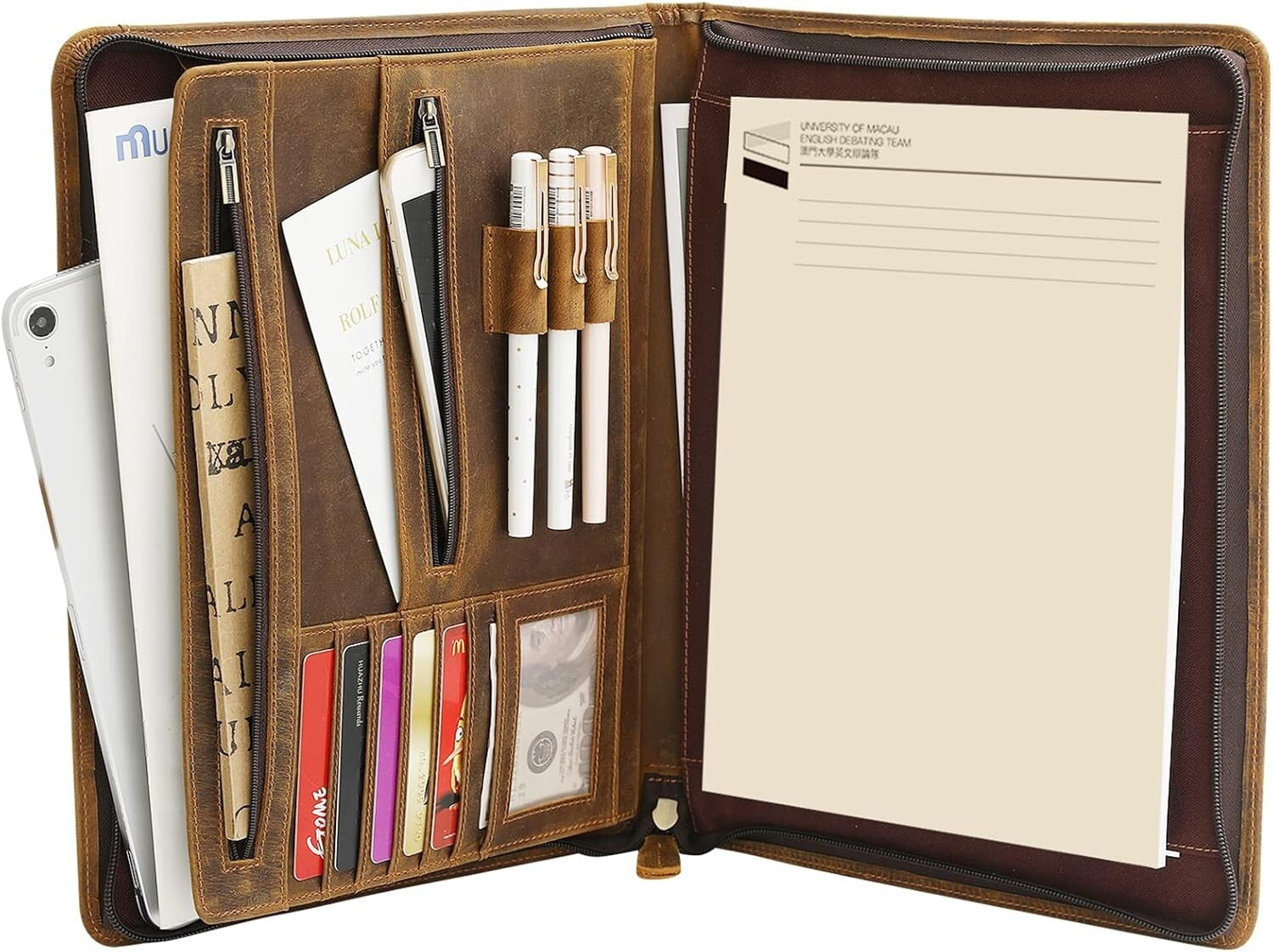Luxury Full Grain Leather Zippered Portfolio Padfolio for Business Professionals