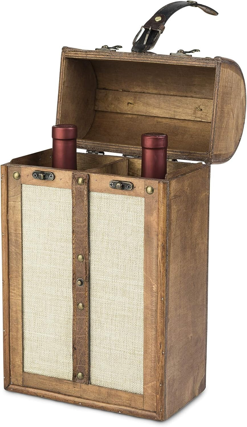 Customizable Vintage Trunk Wine Gift Box with Brass Buckles - Holds 2 Bottles