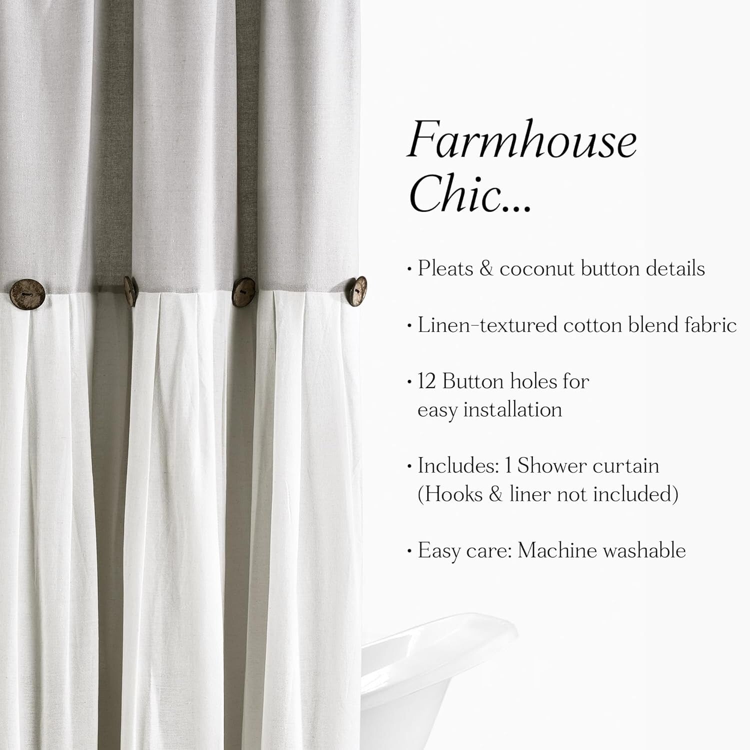 Farmhouse Style Shower Curtain with Coconut Buttons, 72"W x 78"L - Rustic Appeal