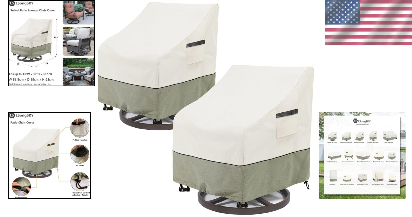 Adjustable Heavy Duty Outdoor Swivel Lounge Chair Covers - 2 Pack Beige & Gray