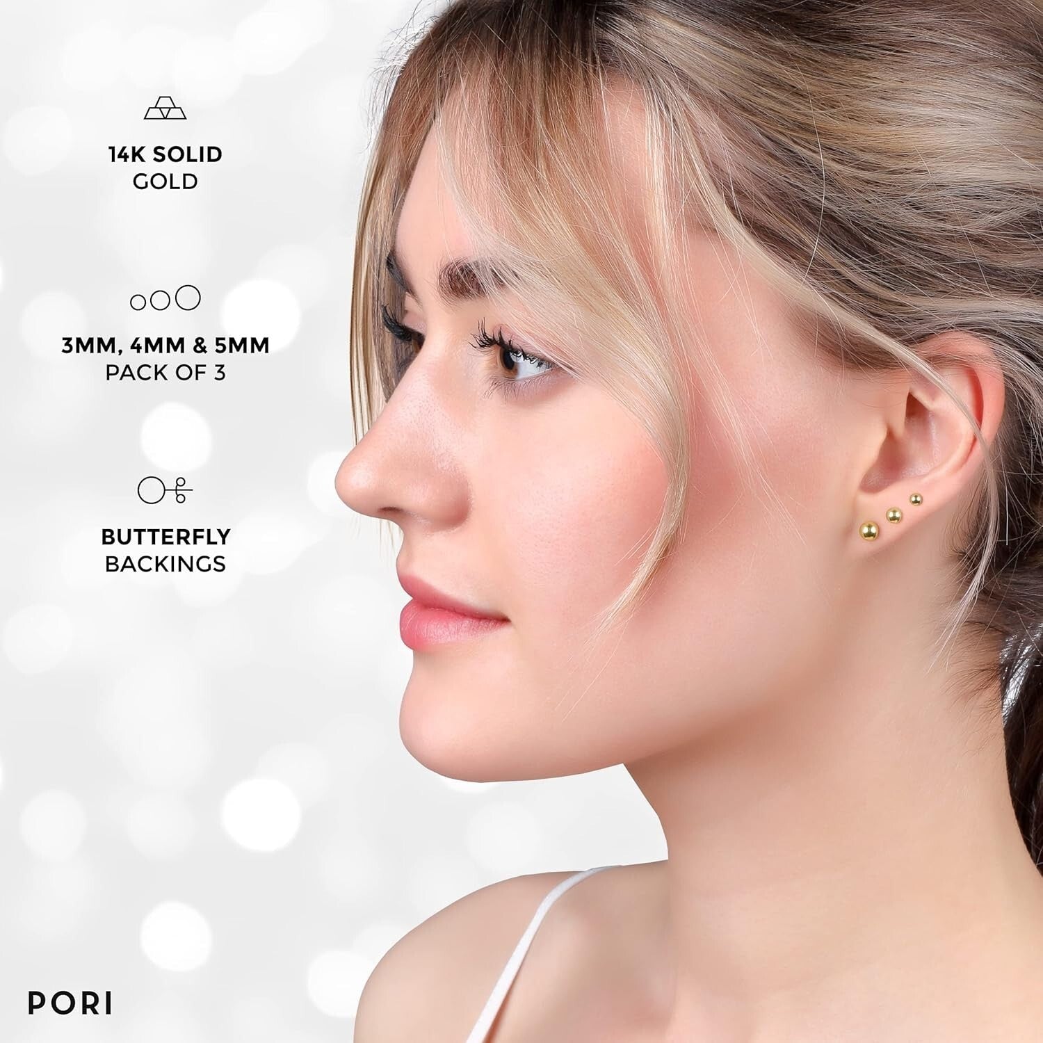 14K Solid Gold Triple-Pack Ball Stud Earrings - Comfortable for Sensitive Ears