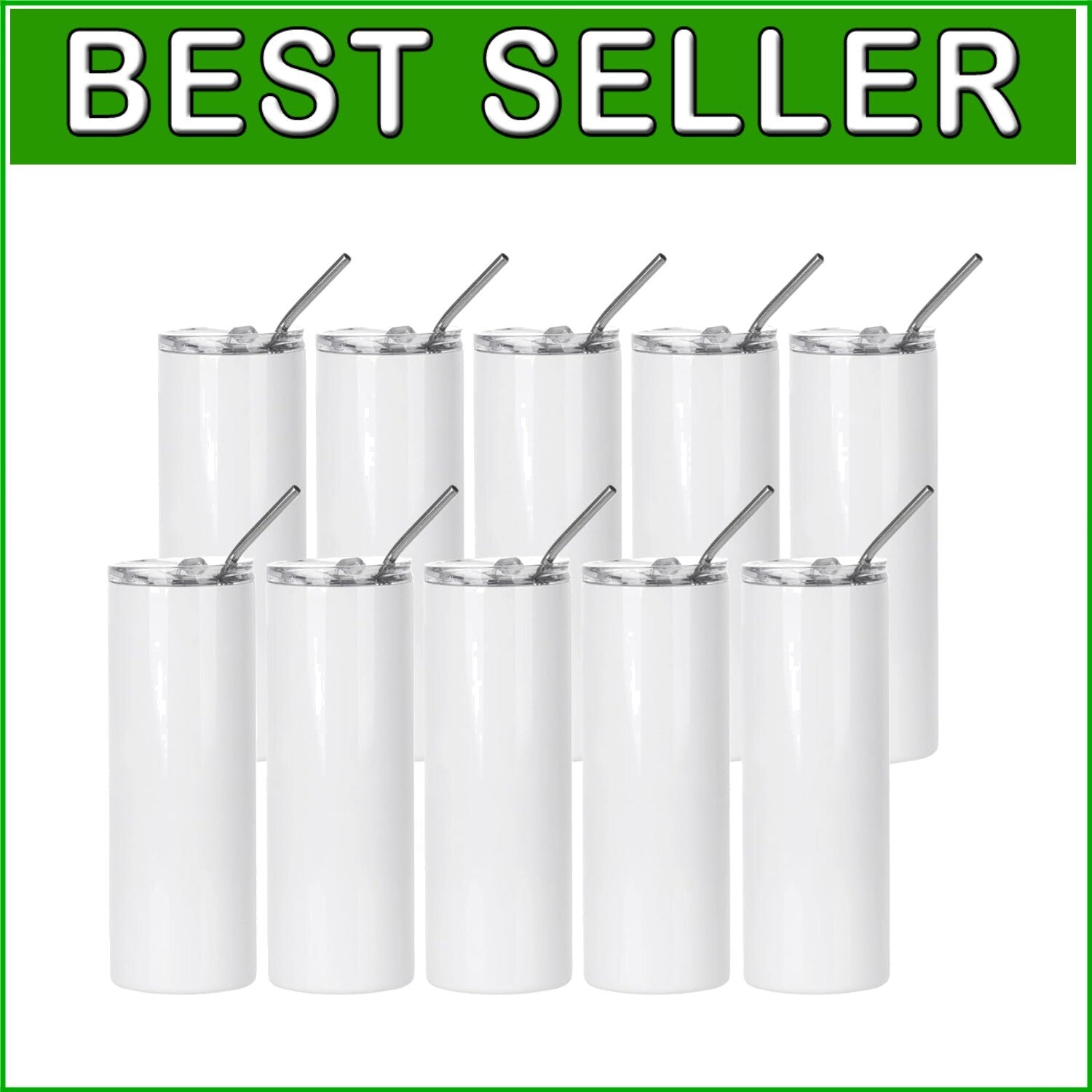 Bulk 10-Pack 20 oz Sublimation Skinny Tumblers - White Stainless Steel Cups