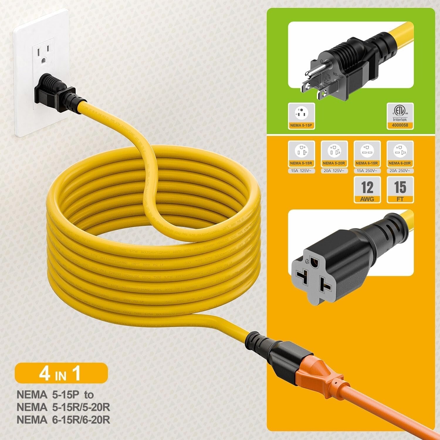 15FT NEMA 5-15P Adapter Cable - Heavy-Duty 12AWG for Versatile Power Needs