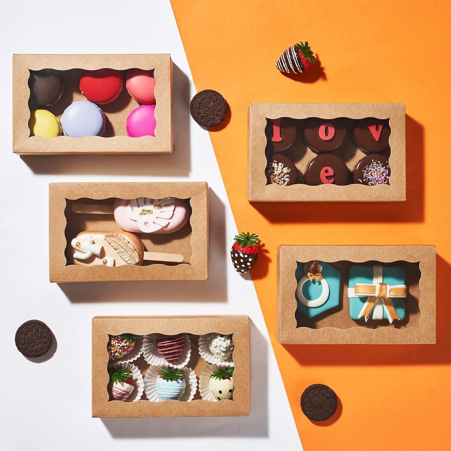 Chocolate & Macaron Bakery Boxes - 100 Pack Stylish with Clear Viewing Window