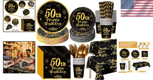 Stunning 452-Pc Black Gold 50th Birthday Decor Set - Perfect for Celebrations