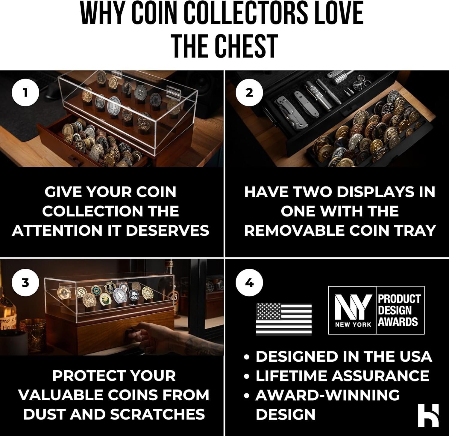 Elegant Handcrafted Coin Display Case for 50 Coins - 360° Views & Luxury Finish