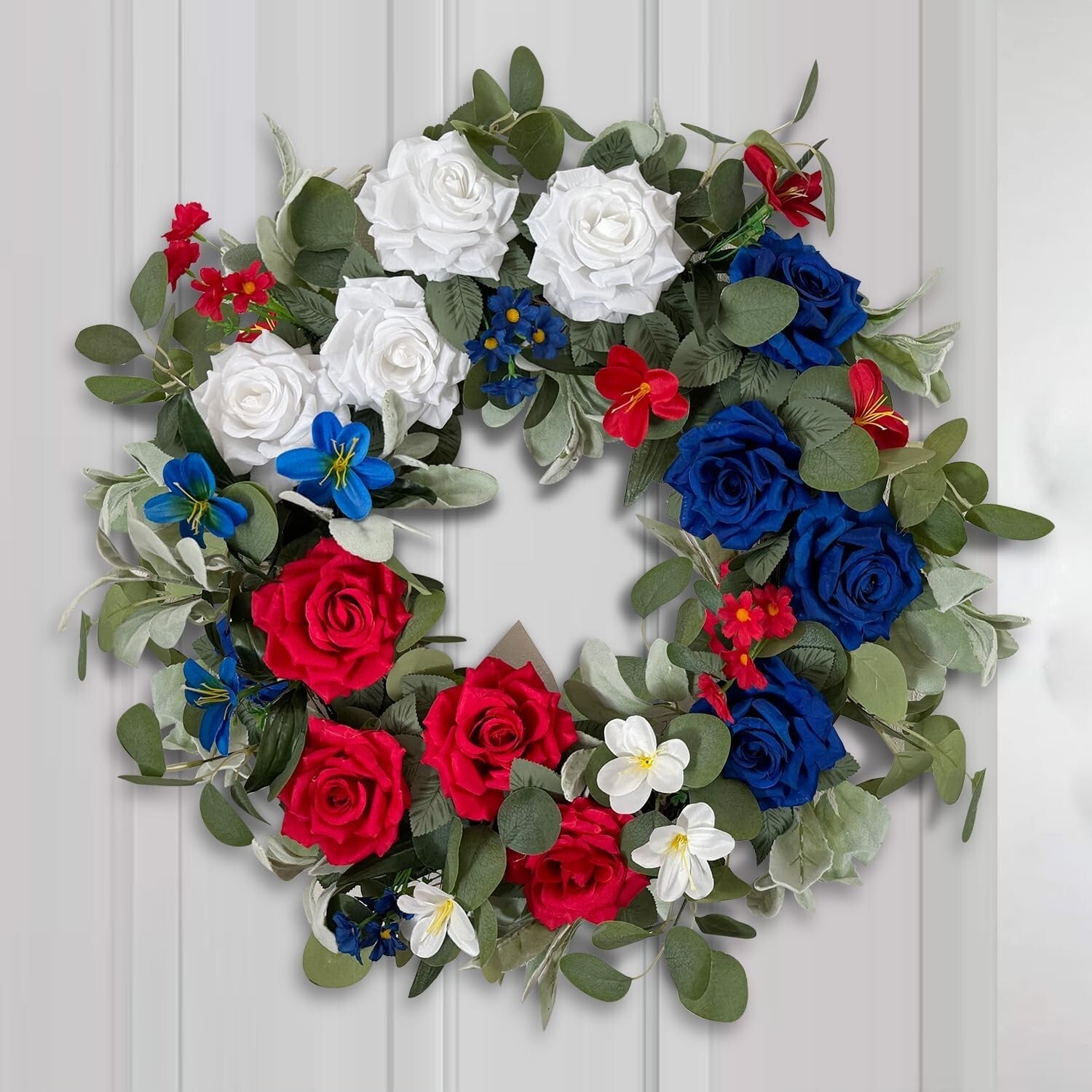 Vibrant 24-Inch Red White Blue Rose Wreath - Perfect for Independence Day