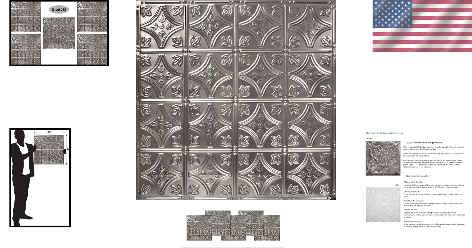 Sustainable 5 Pack 24 Inch Tin Ceiling Panels for Kitchens - Easy Installation