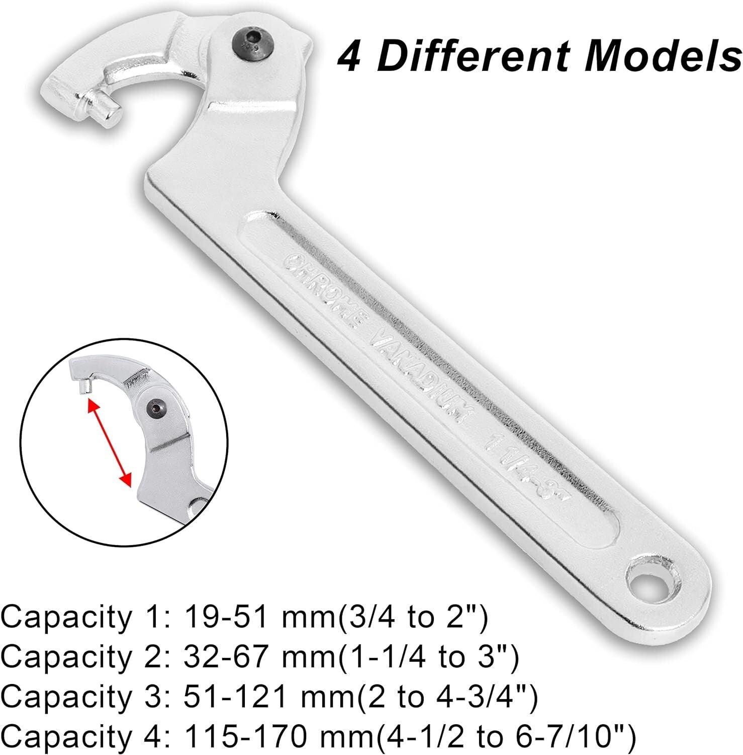4-Piece Adjustable Hook Wrench Set in Chrome Vanadium for Vehicle Maintenance