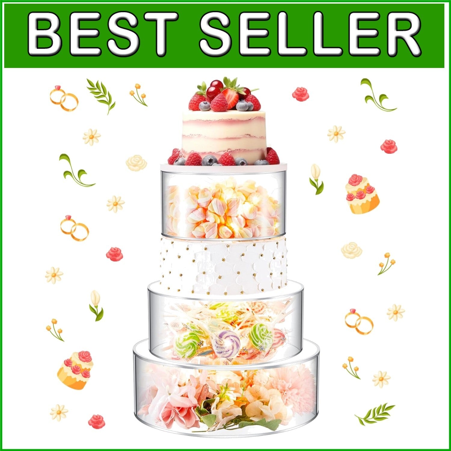 Clear Fillable Cake Riser Set with LED - 6'', 8'', 10'' for Stunning Displays