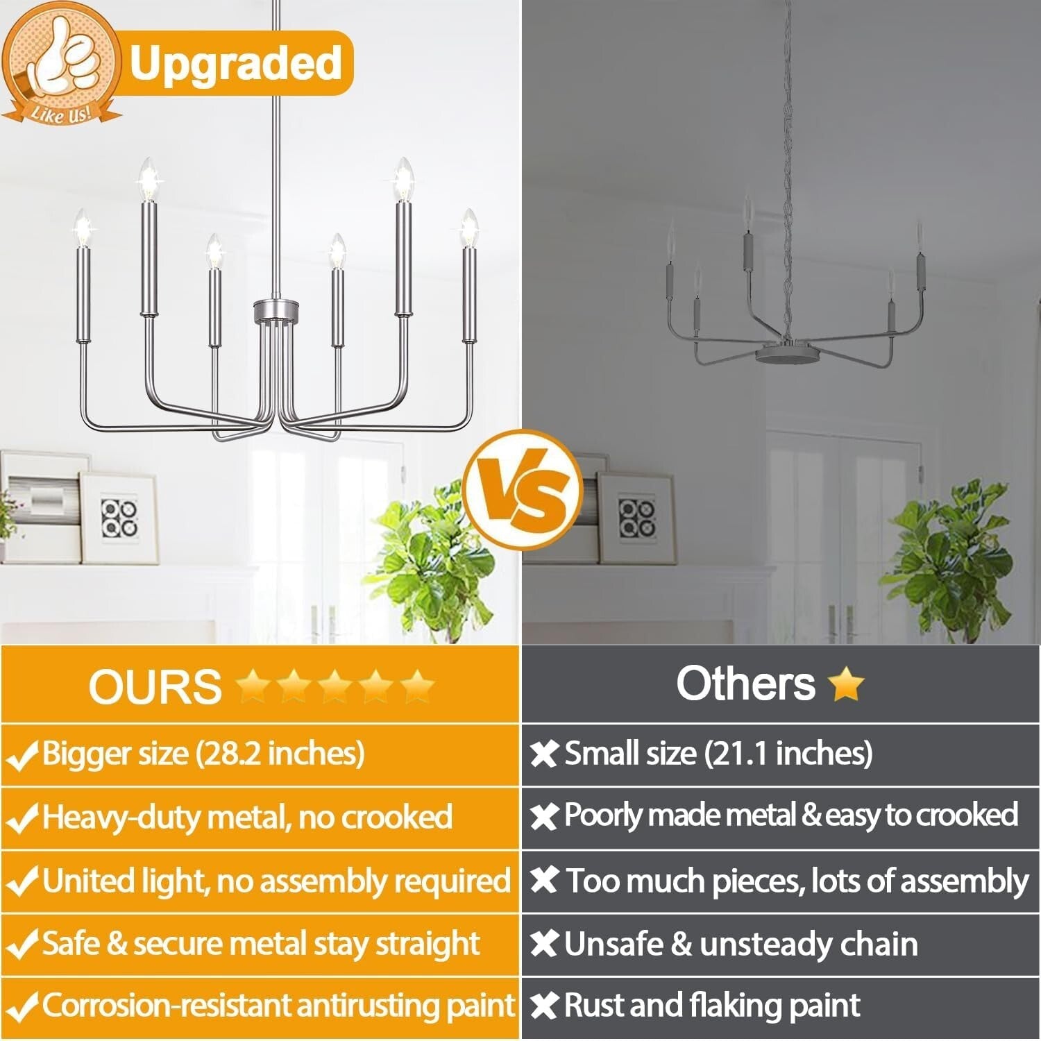 Adjustable Height 6-Light Brushed Nickel Chandelier - Modern Farmhouse Style