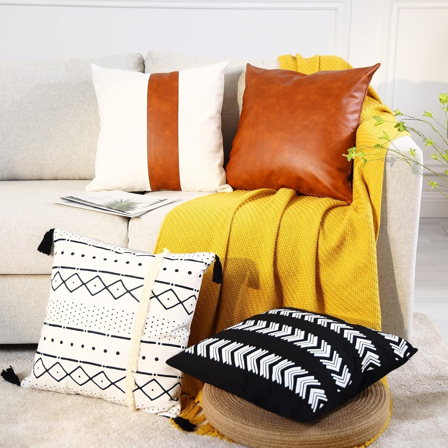 Durable 20x20 Bohemian Pillow Covers with Tassels - Set of 4 Decorative Pieces