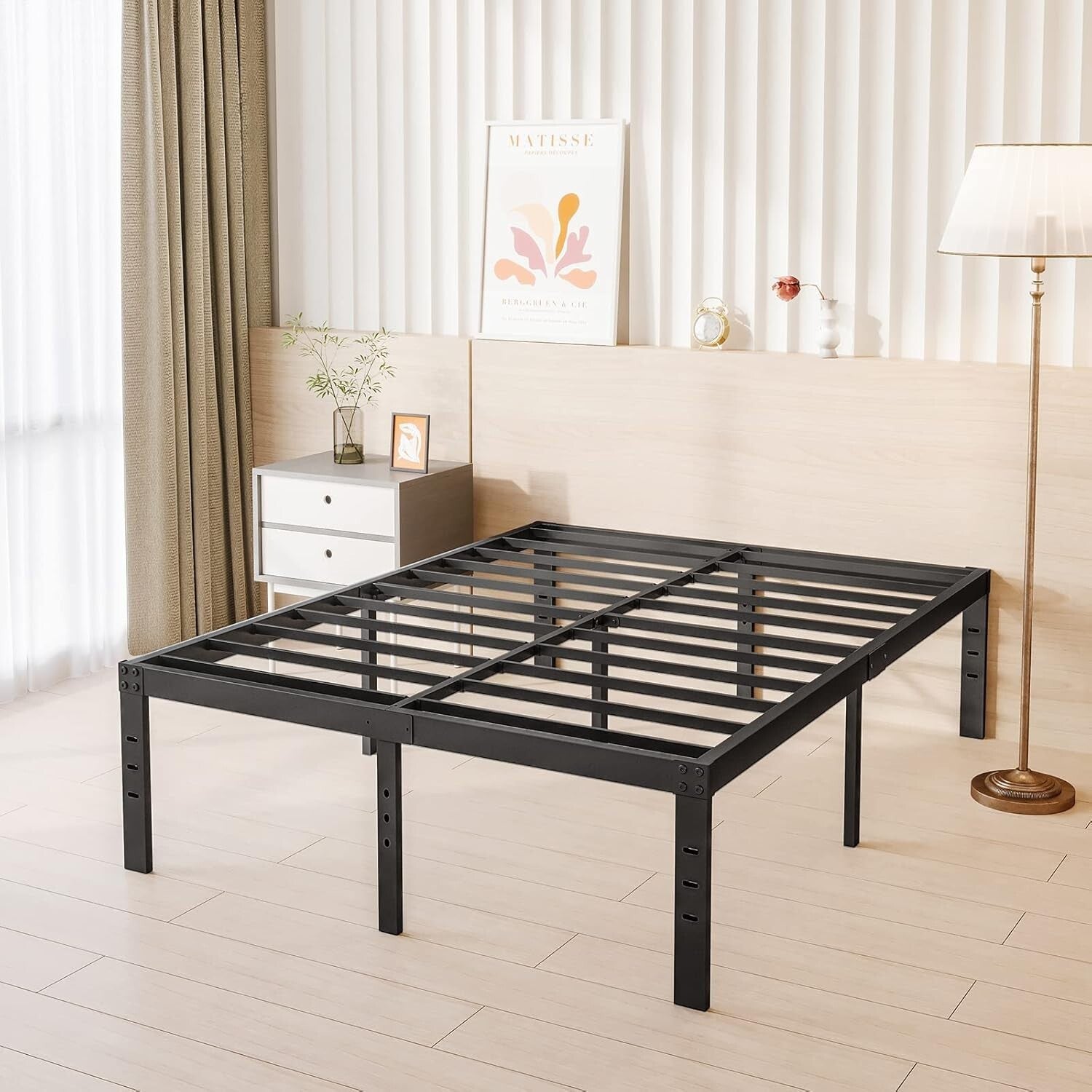 Elegant Black Metal 18-Inch Queen Bed Frame with Complete Storage Solution