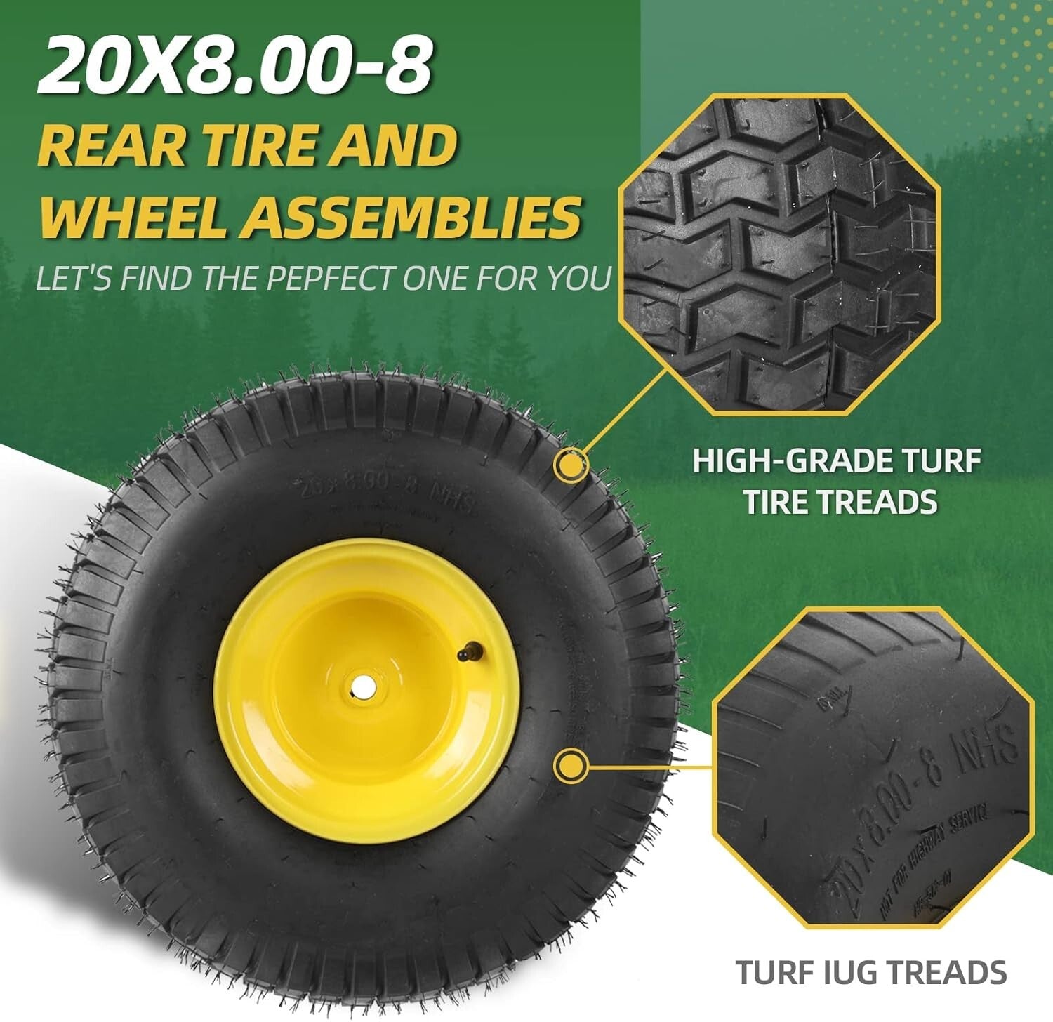 2-Pack 20x8 Tubeless Lawn Mower Rear Tires - Compatible John Deere Replacement