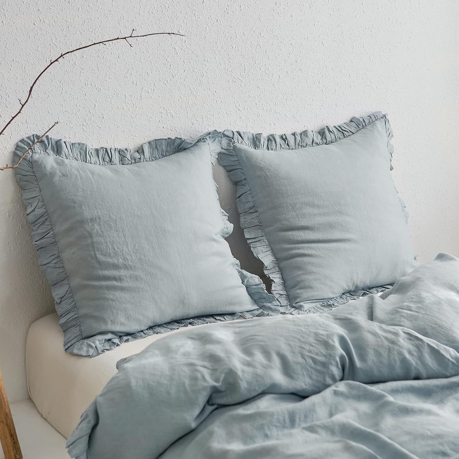 Breathable Dusty Blue French Linen Euro Shams with Charming Ruffles - 26''x26''