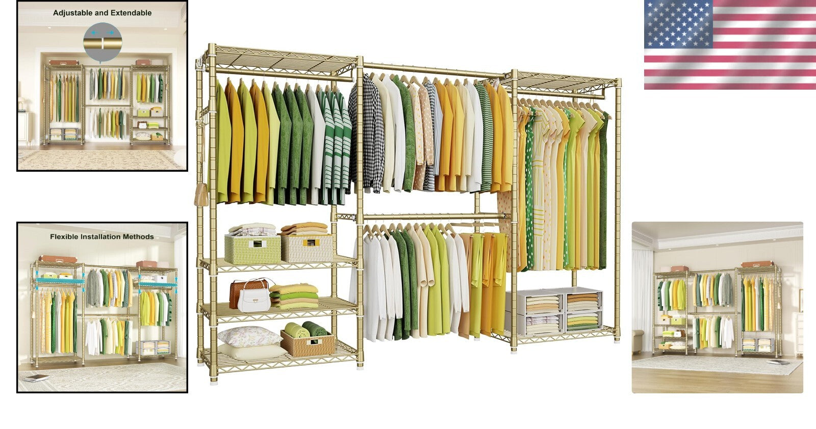 E1 Heavy Duty Adjustable 6-Tier Closet Garment Rack - Expandable Gold Organizer