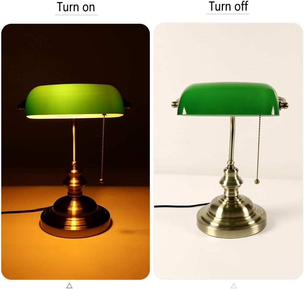 Classic Banker Desk Lamp - Adjustable Green Glass Shade with Pull Chain Switch