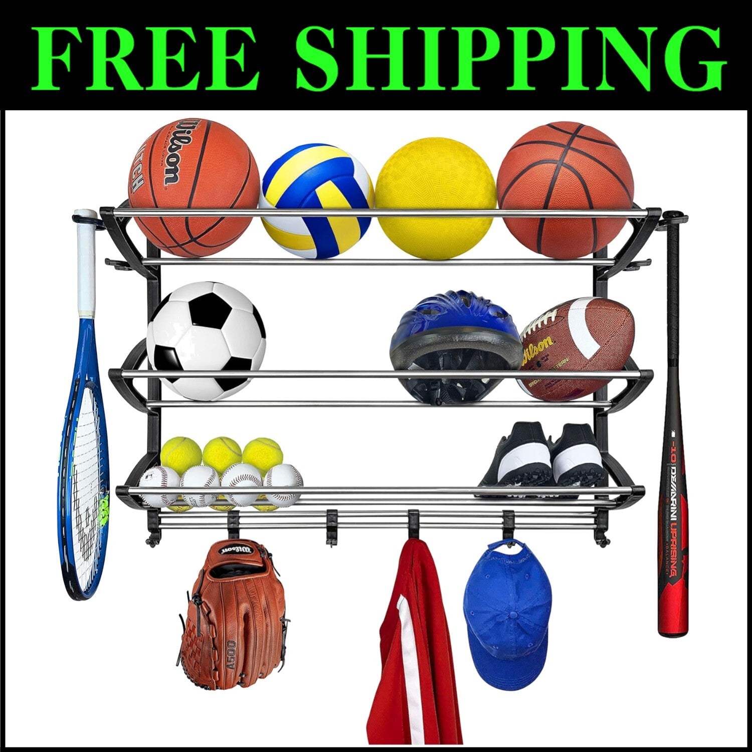 Customizable Wall-Mount Sports Organizer: Stylish Garage Gear Storage with Hooks