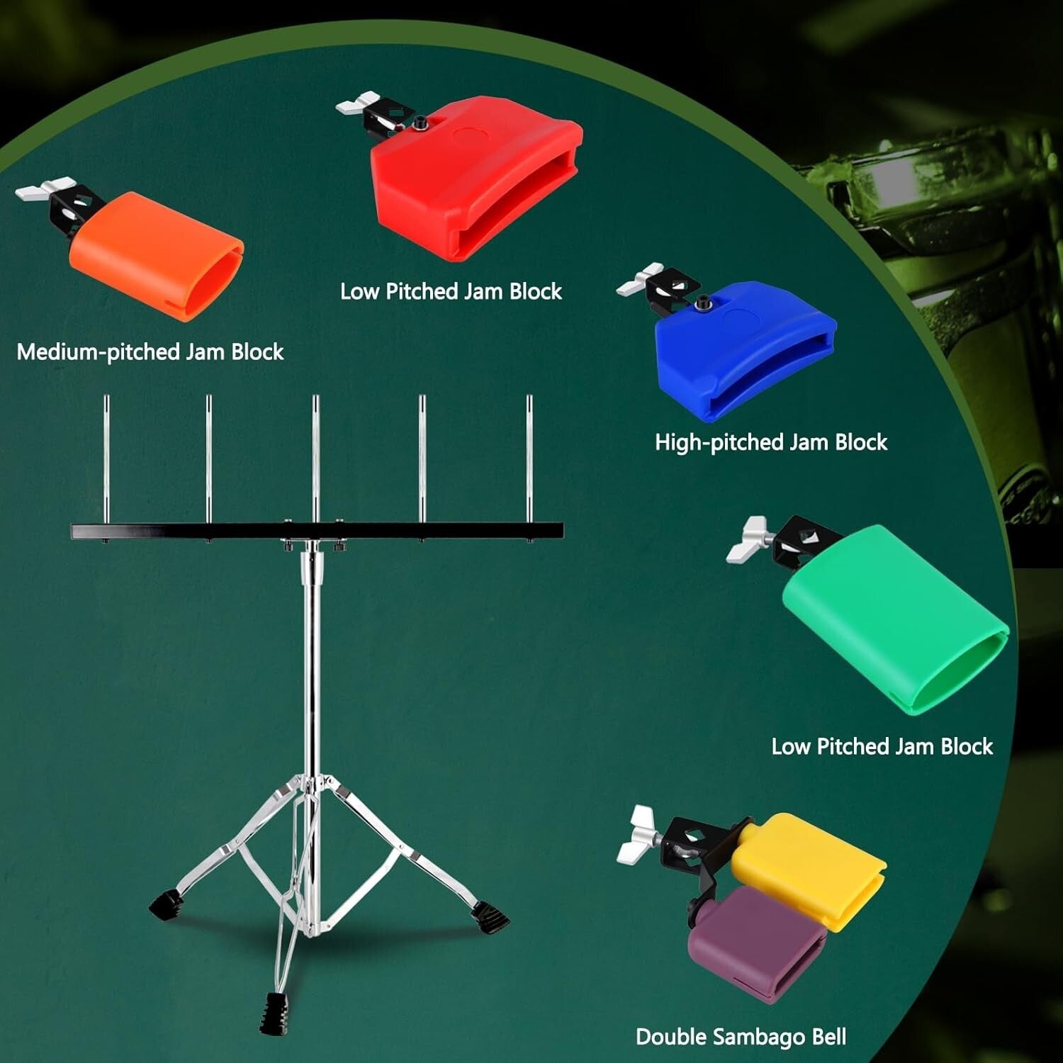 Professional Jam Block Percussion Stand - Stable Double Brace & Cowbell Holder