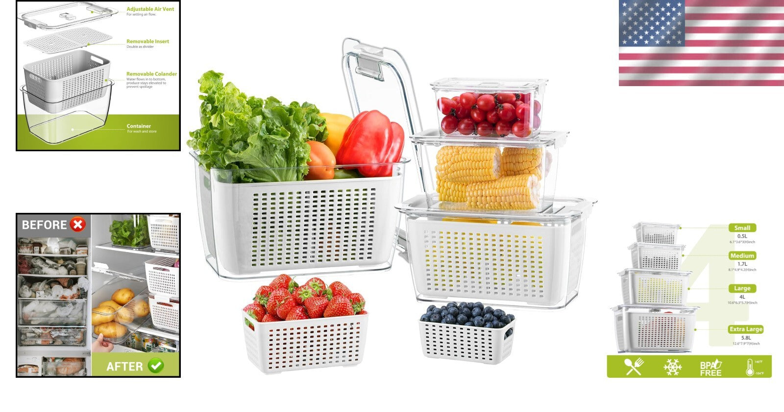 Enhanced Freshness: 4 Rectangular Produce Saver Containers with Adjustable Vents