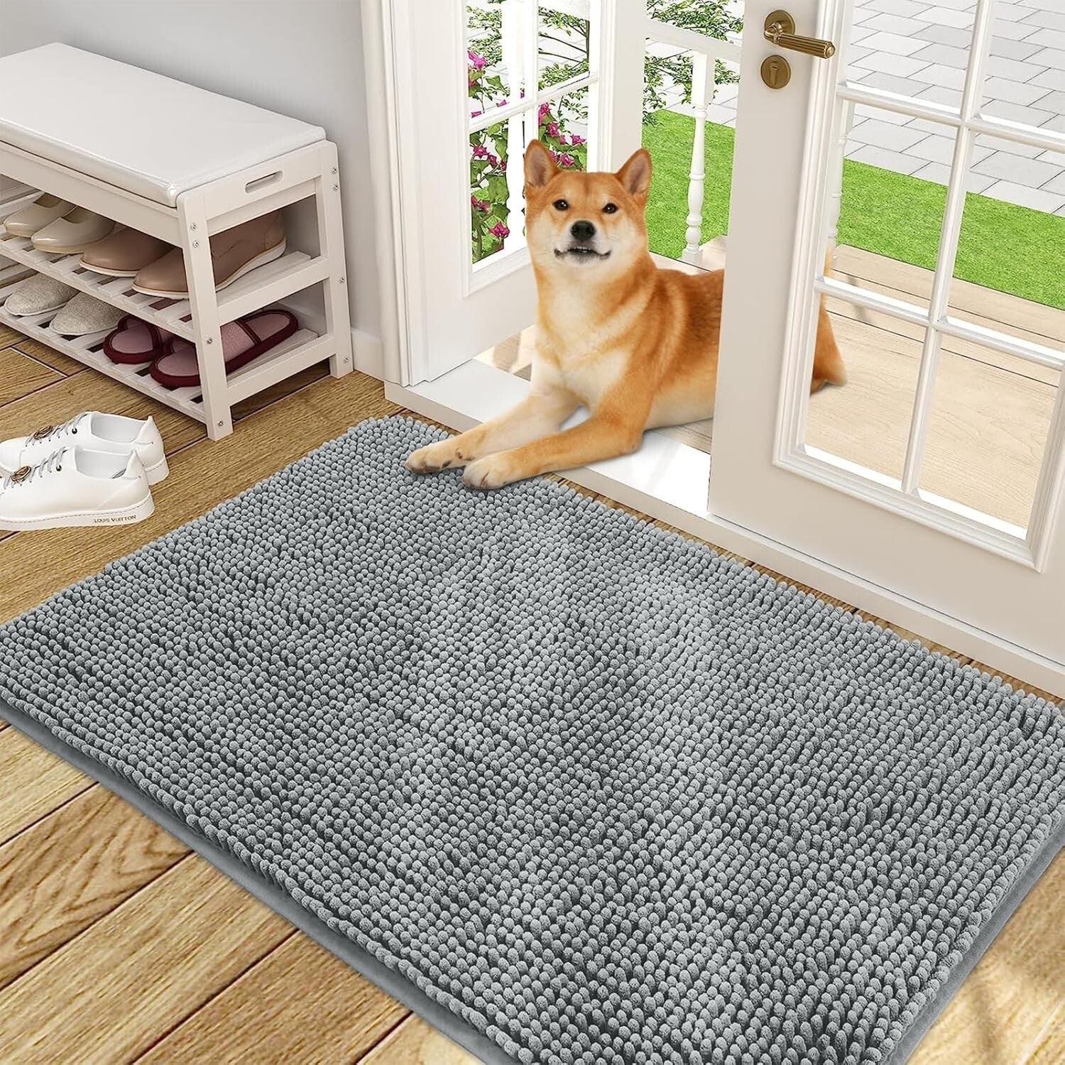 48x30 Absorbent Chenille Dog Door Mat - Soft Grey Non-Slip Entryway Rug