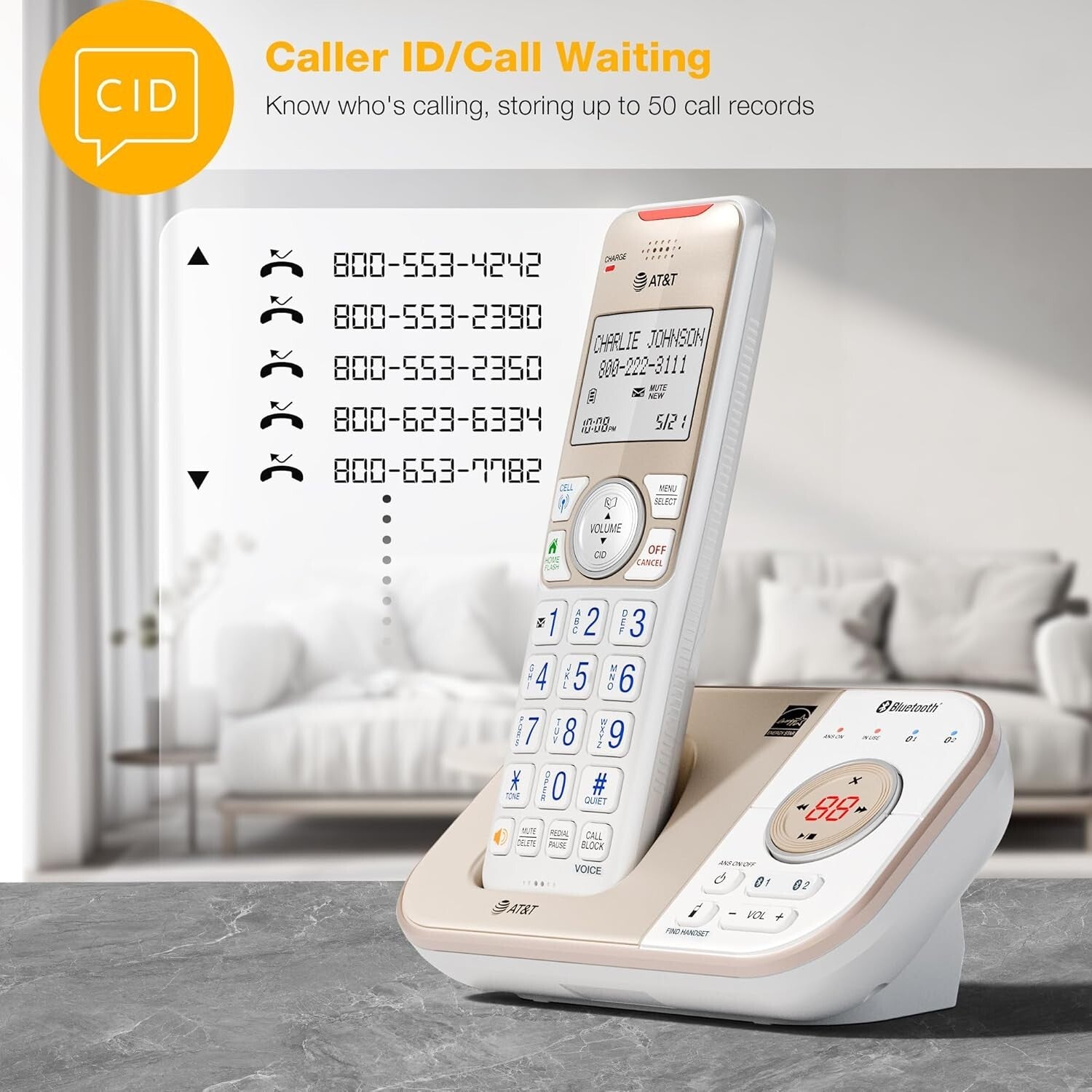 Champagne Gold/White Cordless Phone with Intercom and Digital Answering System