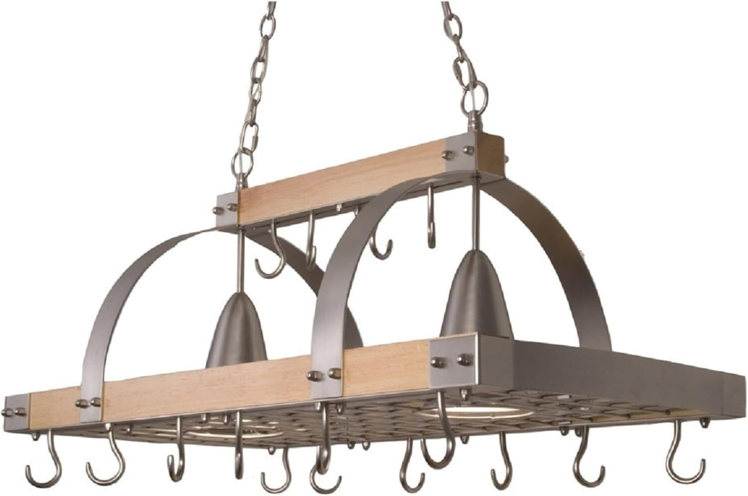Elegant Ceiling-Mounted Wood Pot Rack with 2 Lights - Perfect Kitchen Organizer