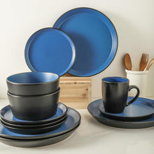 Load image into Gallery viewer, Elegant 32-Piece Blue &amp; Black Stoneware Dish Set - Microwave and Dishwasher Safe