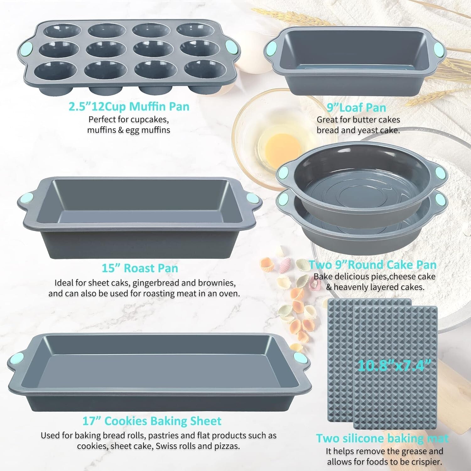 Durable 8-In-1 Silicone Baking Set with Reinforced Cake Pans and Measuring Cups