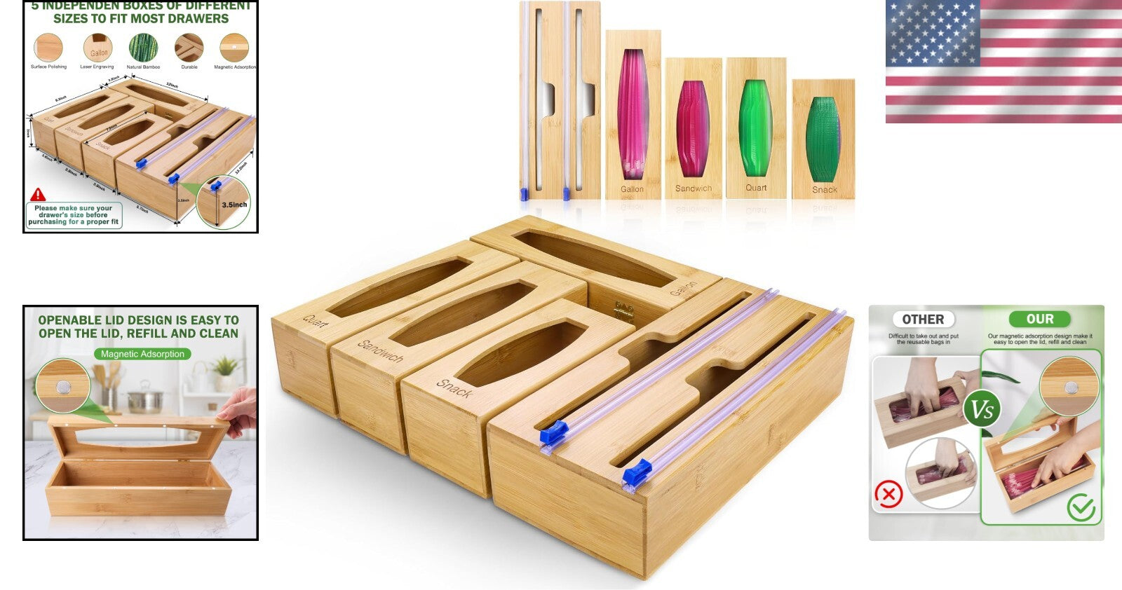 Elegant 5-In-1 Kitchen Drawer Organizer with Bamboo and Plastic Wrap Holder