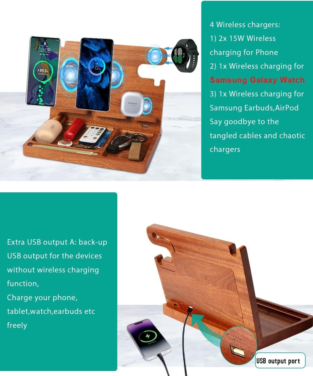 27W Wood Charging Station: 4-in-1 Fast Wireless Charger & Nightstand Organizer