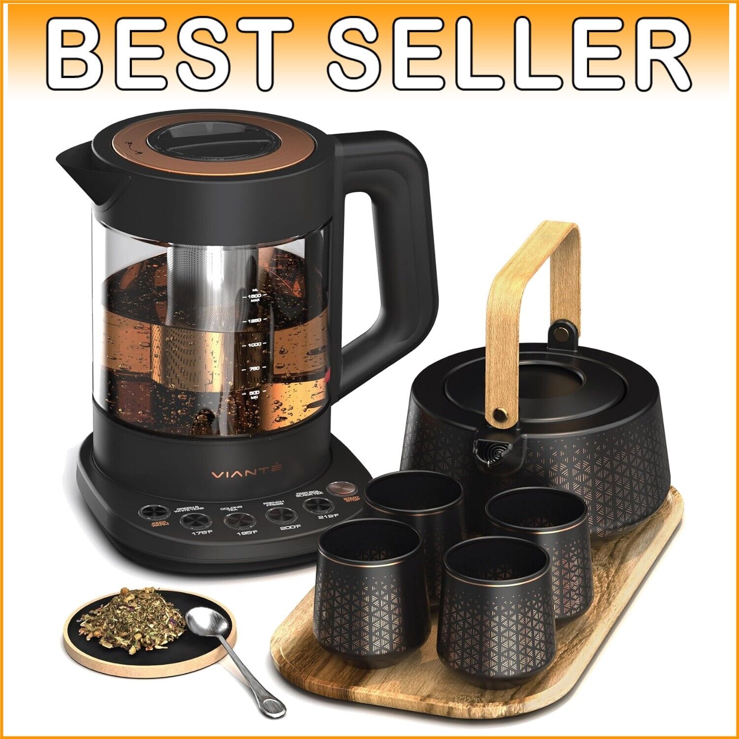 Deluxe Electric Kettle with Tea Infuser, Ceramic Teapot & Cups on Wood Tray