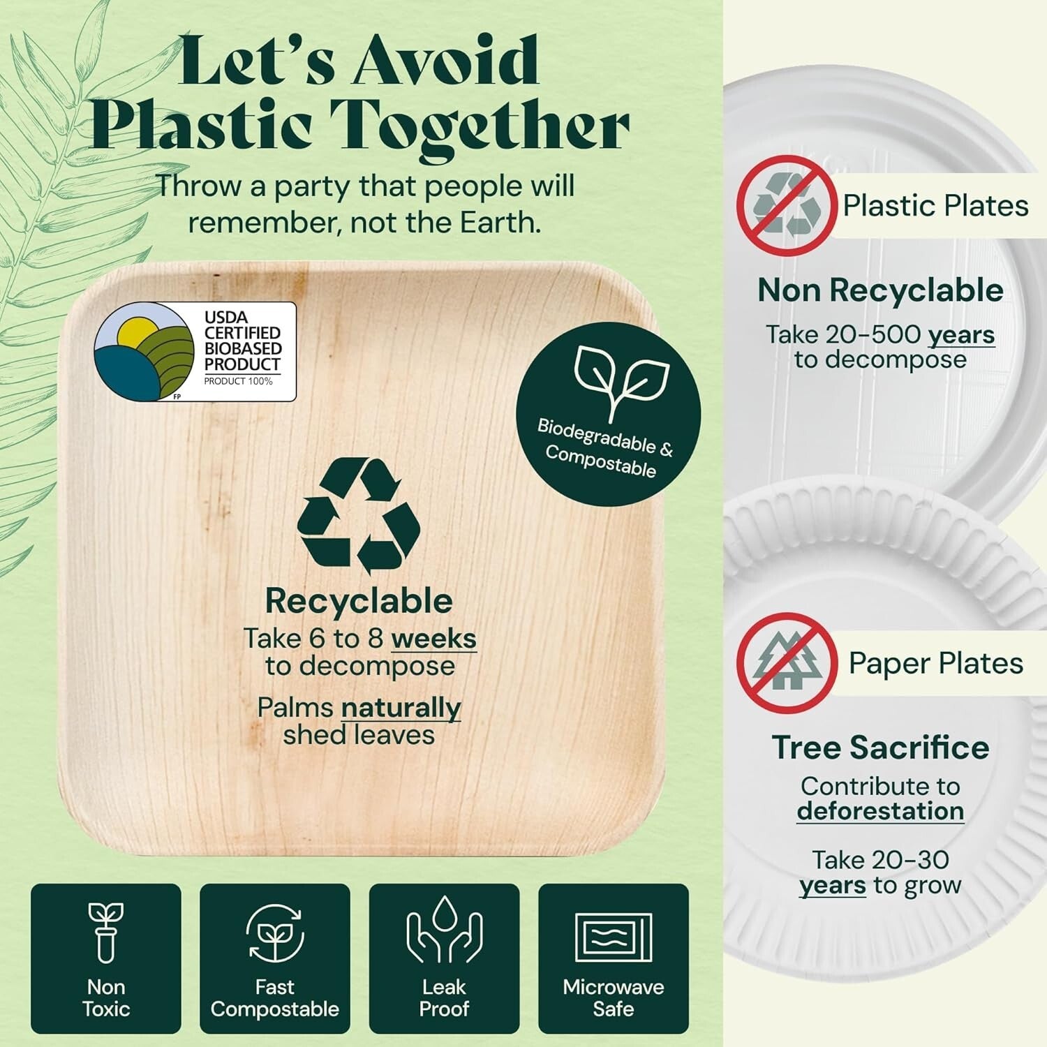 Eco-Friendly 48-Piece Set - Biodegradable 10" & 7" Square Palm Leaf Plates