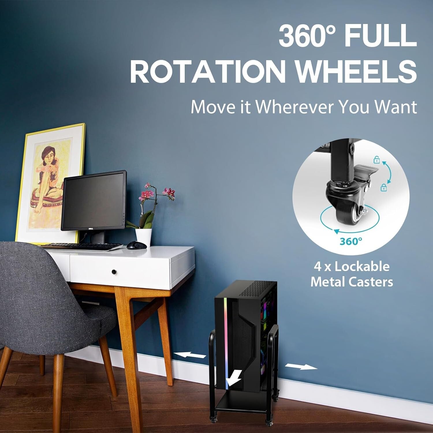 Efficient Computer Case Stand with 2-Tier Design and Mobile Caster Wheels