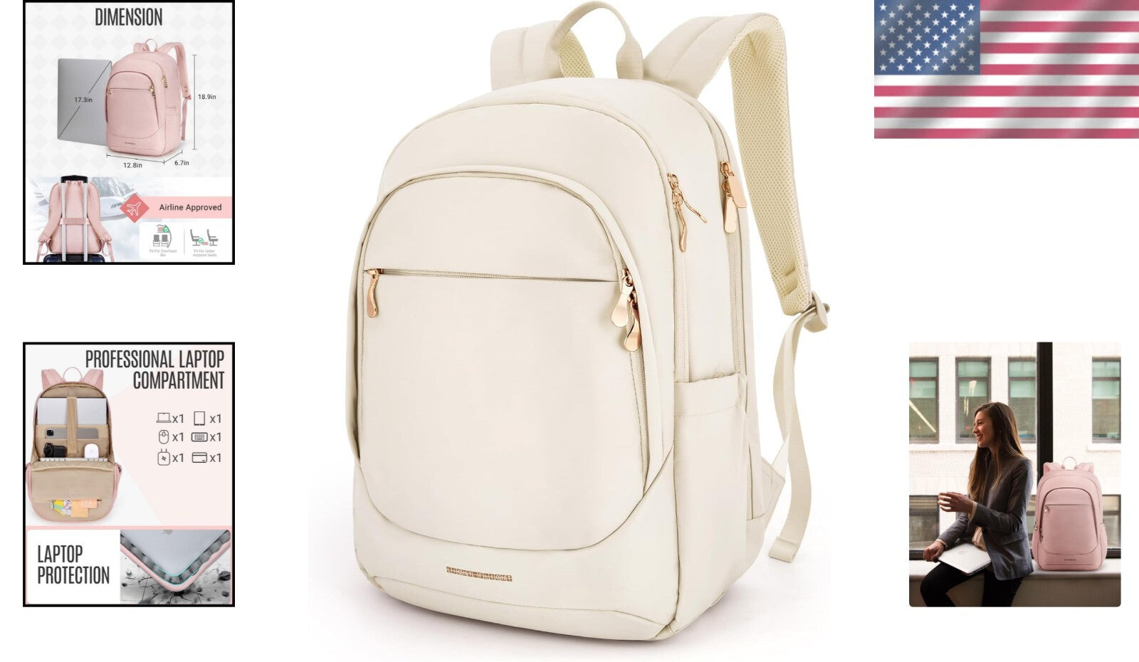 17.3 Inch Laptop Backpack for Women with USB Charging, Water Resistant - Beige