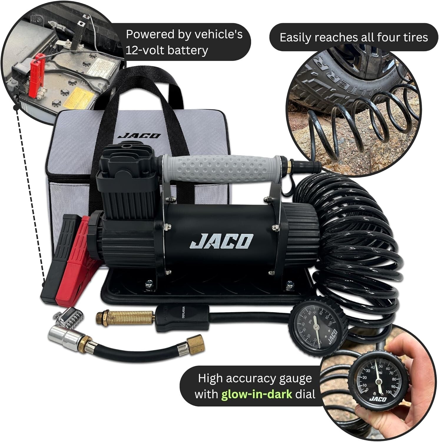 Compact JACO 12V Tire Inflator - 3.5 CFM High Flow with Quick Lock Air Chuck