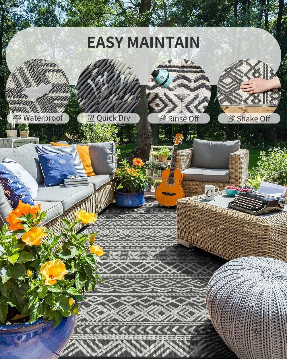 Stylish Grey Water-Resistant Outdoor Area Rug - Ideal for Patios and Balconies