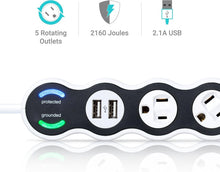 Load image into Gallery viewer, Surge Protector with 5 Outlets, USB Ports and 360 Rotating Design – 2160 Joules