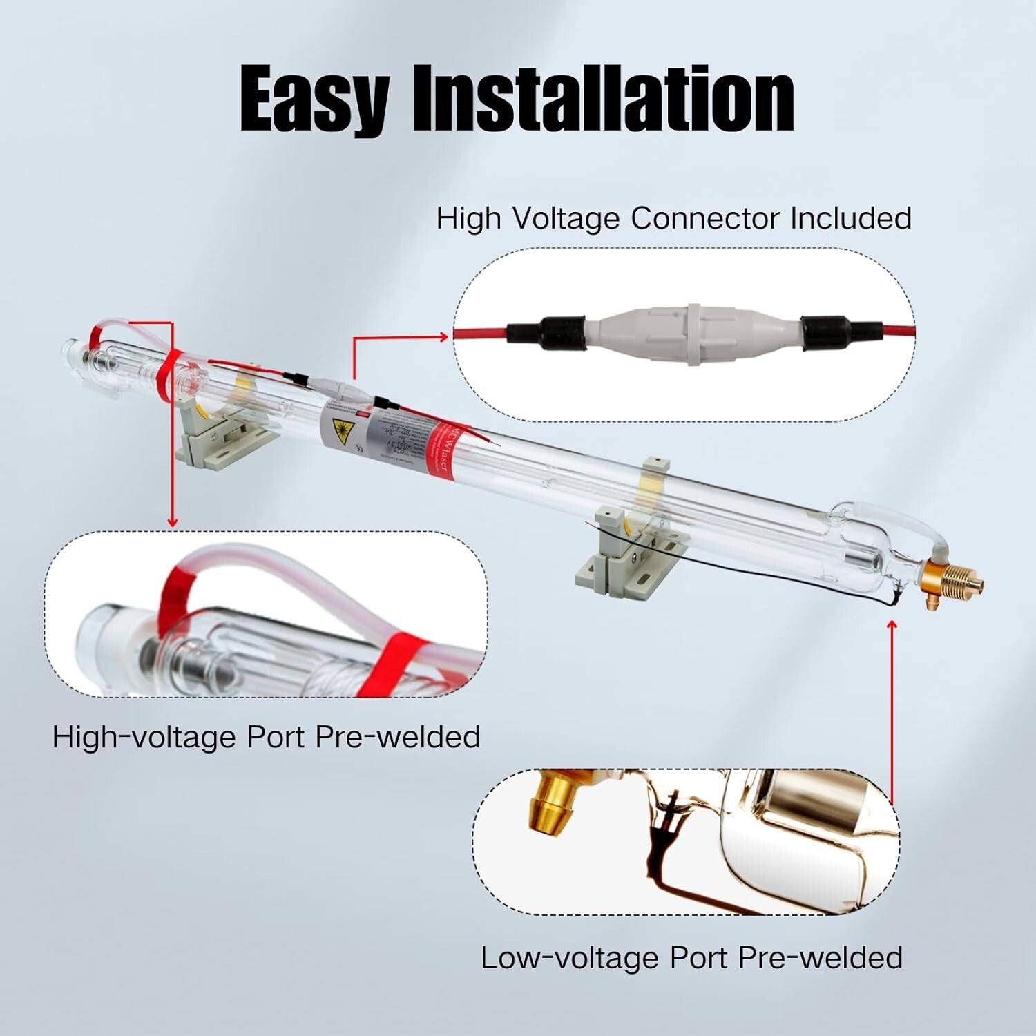 Efficient 90W Glass Laser Tube with Preconnected Ports, 1250mm Long, 80mm Wide