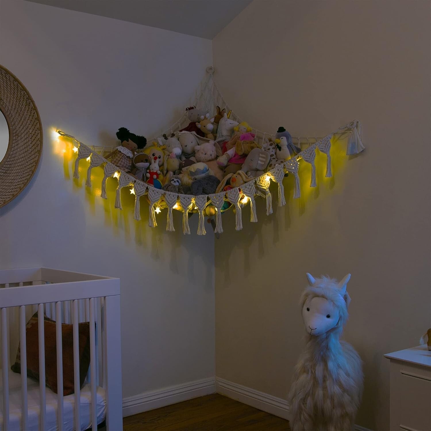 Extra Large Natural Cotton Stuffed Animal Hammock with LED Lights - Boho Storage