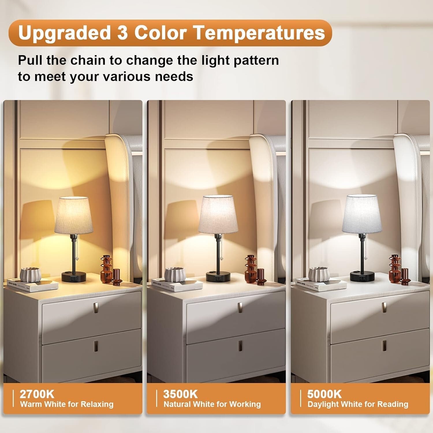 Dimmable Gray Bedside Lamps with Built-in USB Charge & 3 Light Settings - 2 Pack