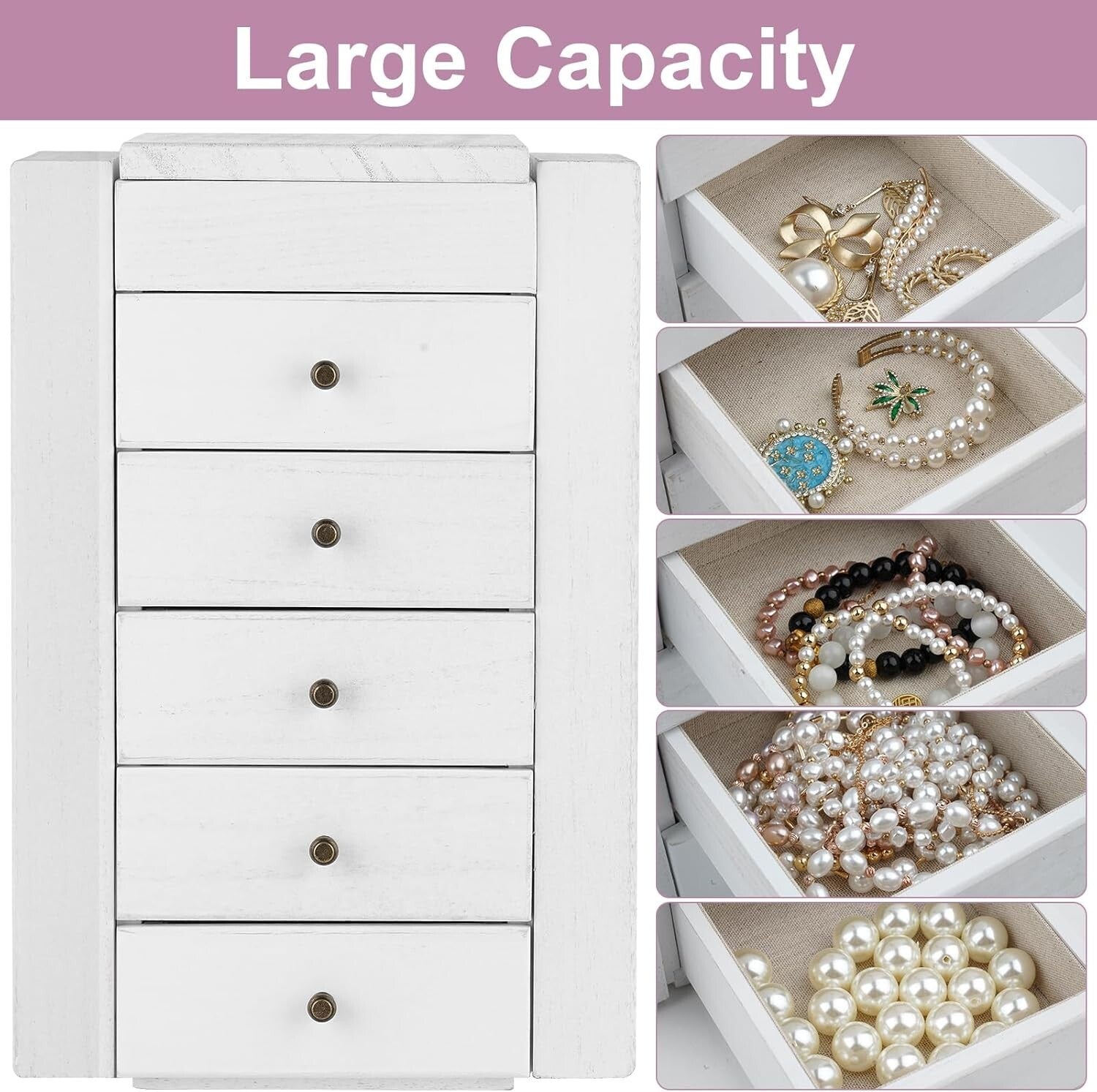 Sturdy White Jewelry Box with 6 Tiers, Mirror & Earring Display Side Doors