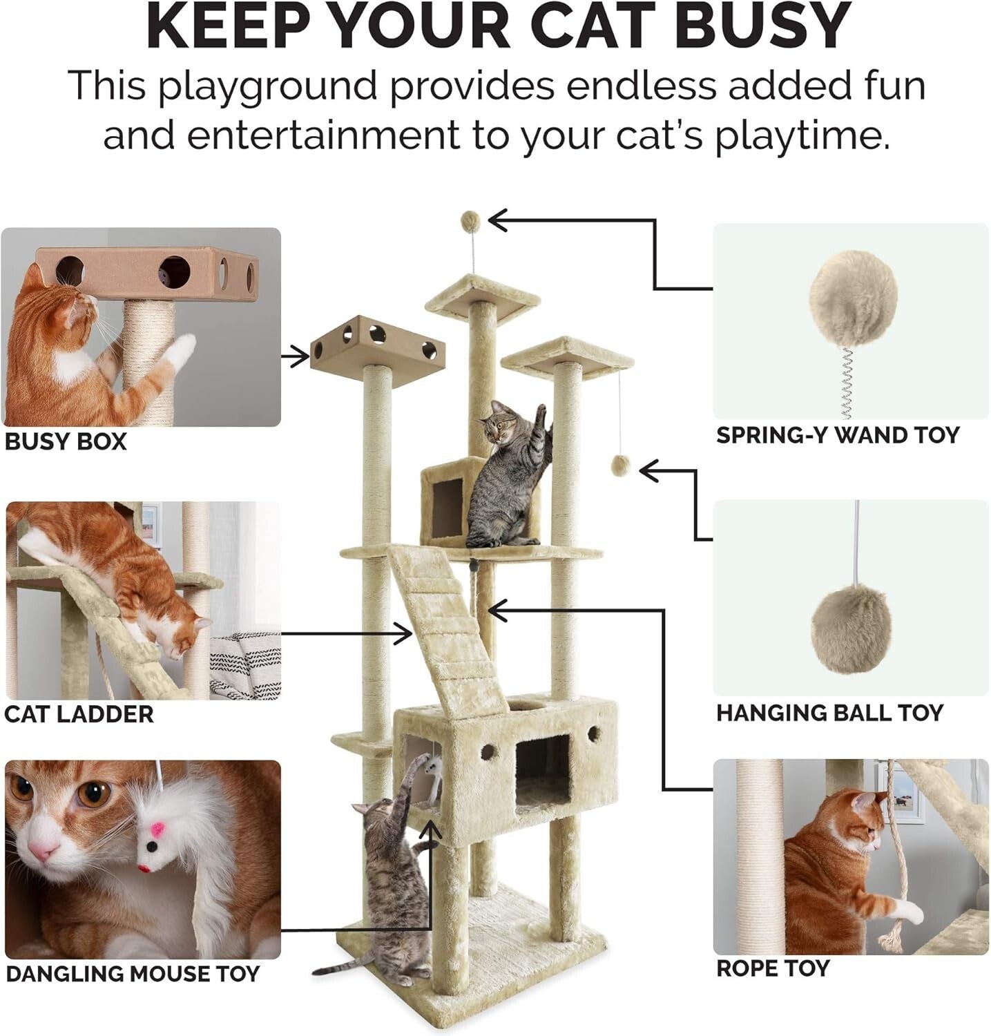 Tall Cat Playground Tower - 69.3" with Double Deck Condos & Scratching Posts