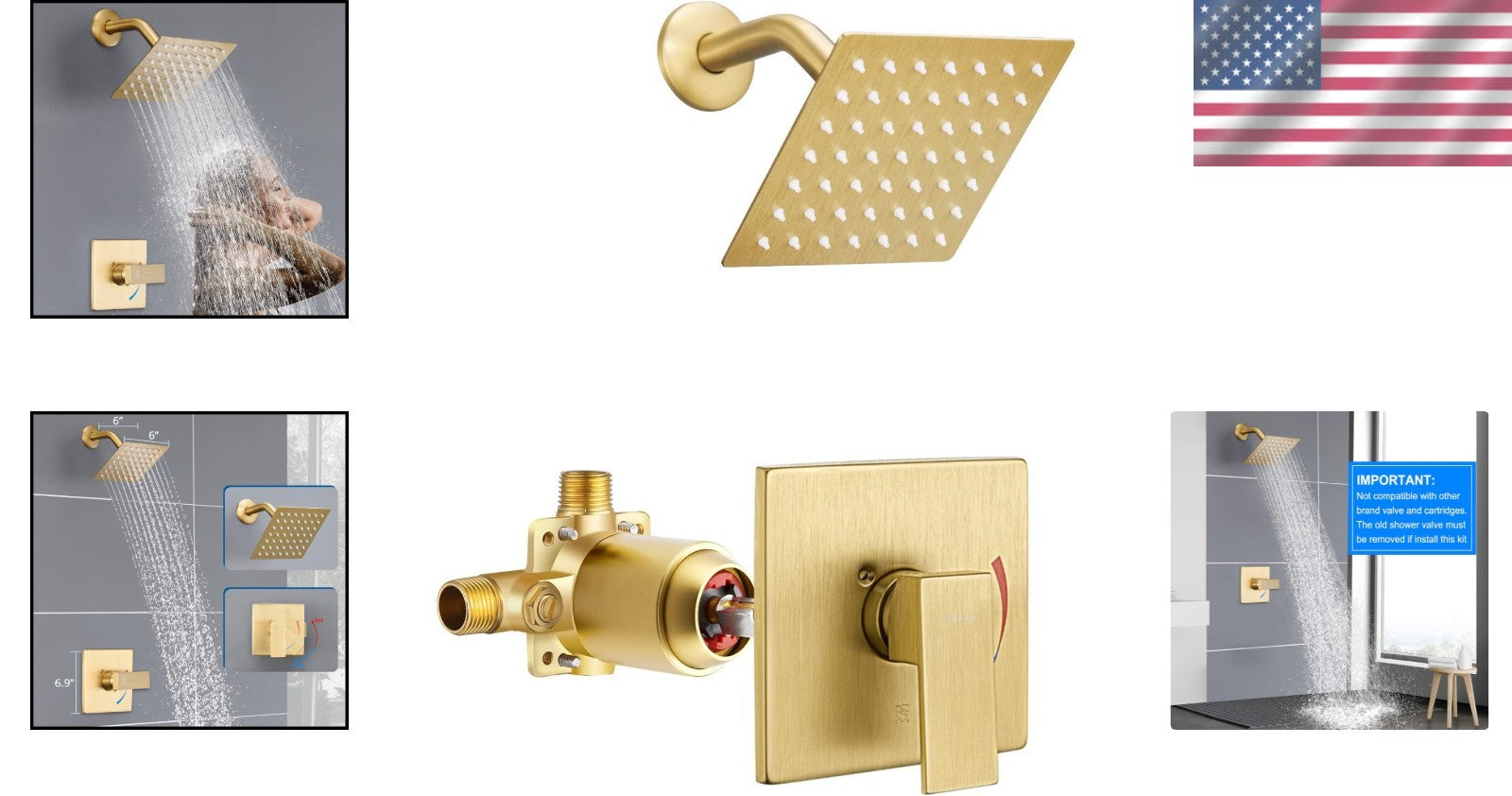 Brushed Gold Shower Faucet Set - Rain Shower Head, Valve & Trim Included