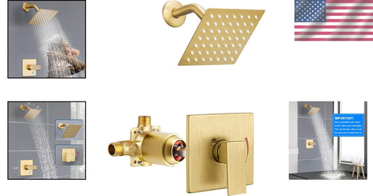 Brushed Gold Shower Faucet Set - Rain Shower Head, Valve & Trim Included