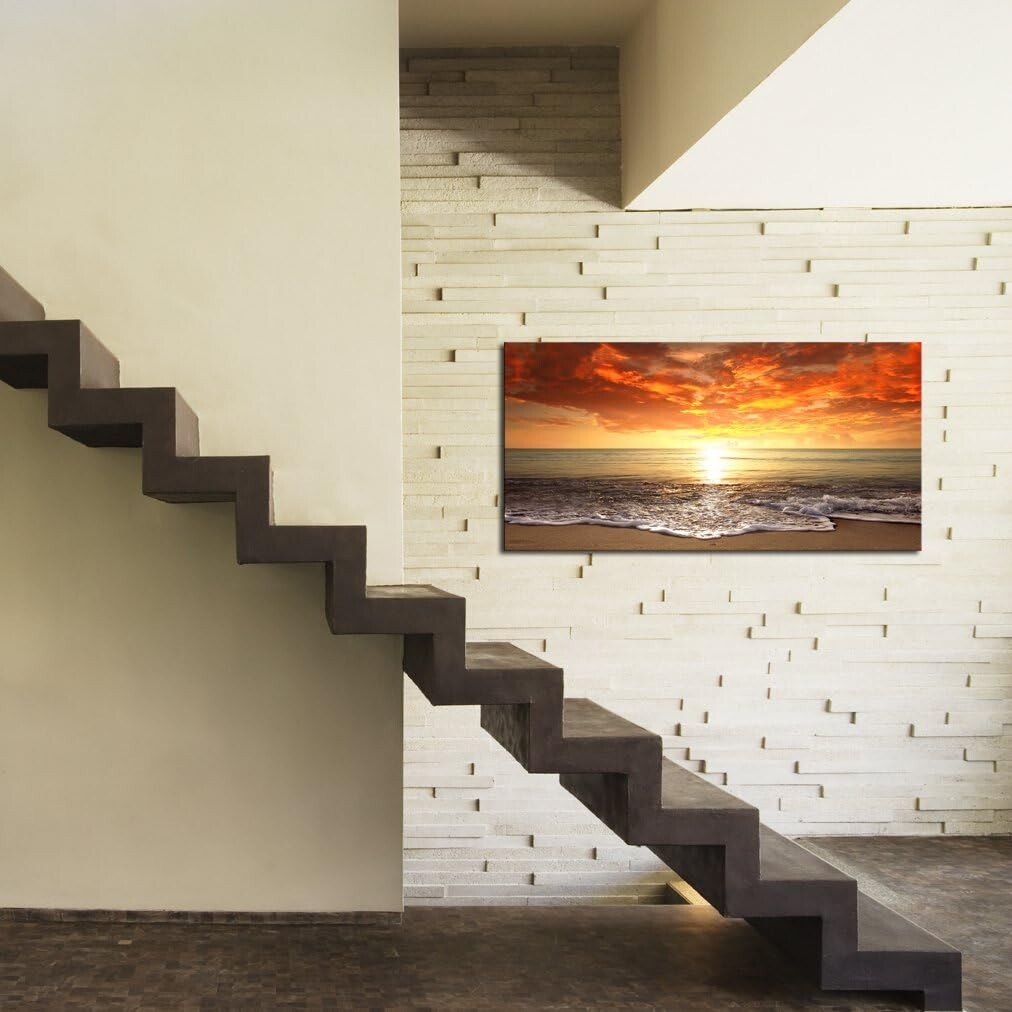 Elegant Framed Ocean Sunset Giclee Artwork - Ready to Hang 20x40 Inch Canvas