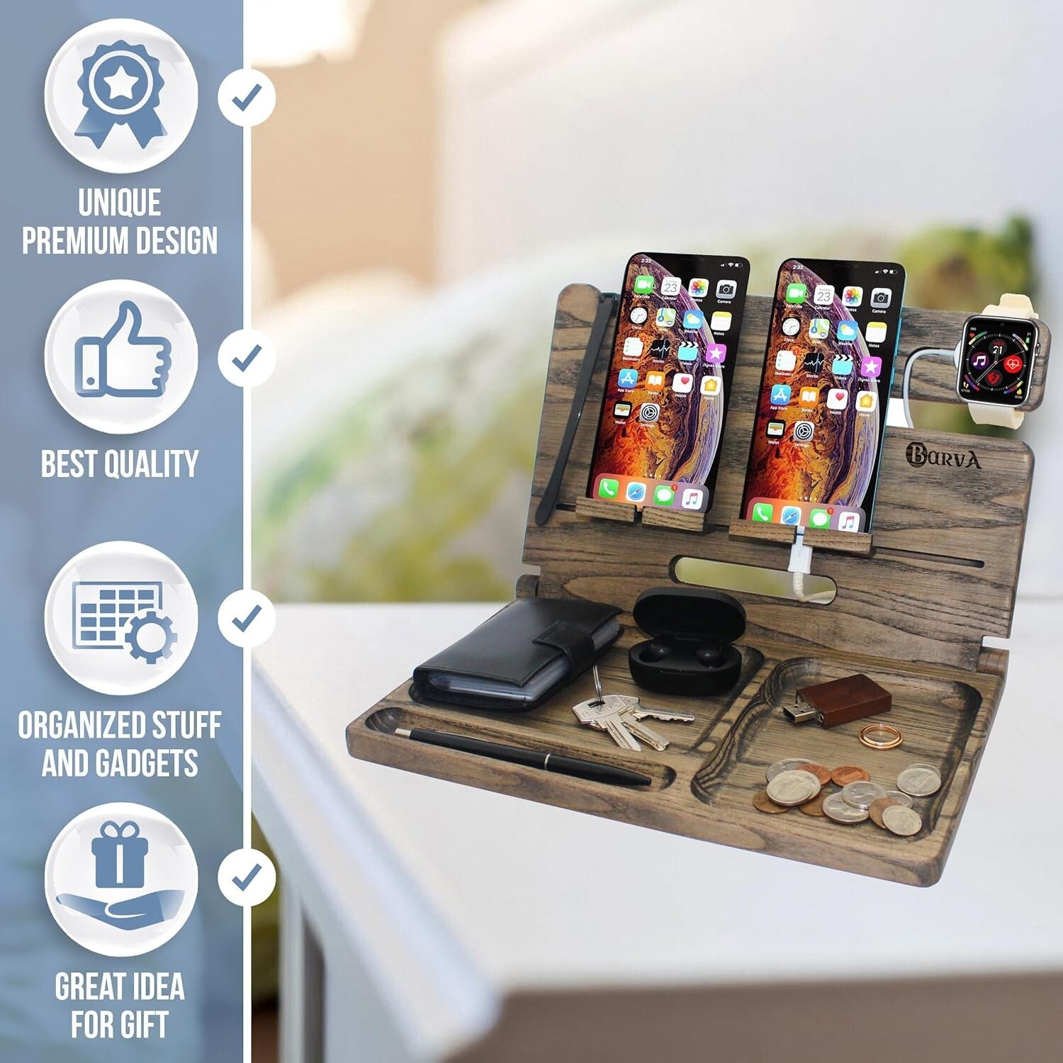 Natural Wood Phone Docking Station with Ant-Slip Pads - Ideal for Men and Gifts