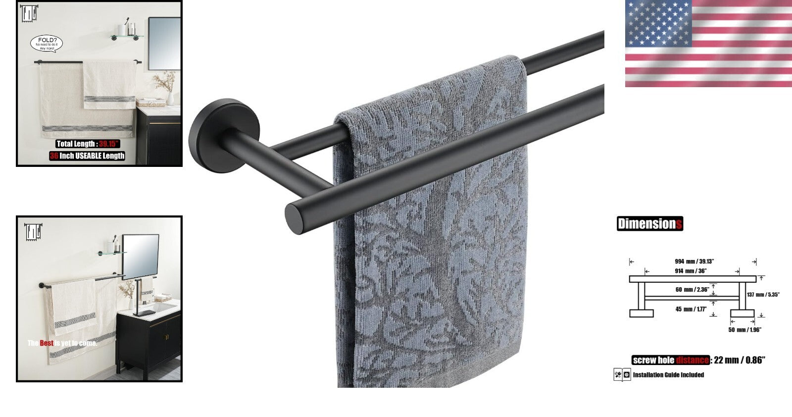 Matte Black Wall-Mount Towel Holder - 39.13 Inch Spacious Design for Bath Towels