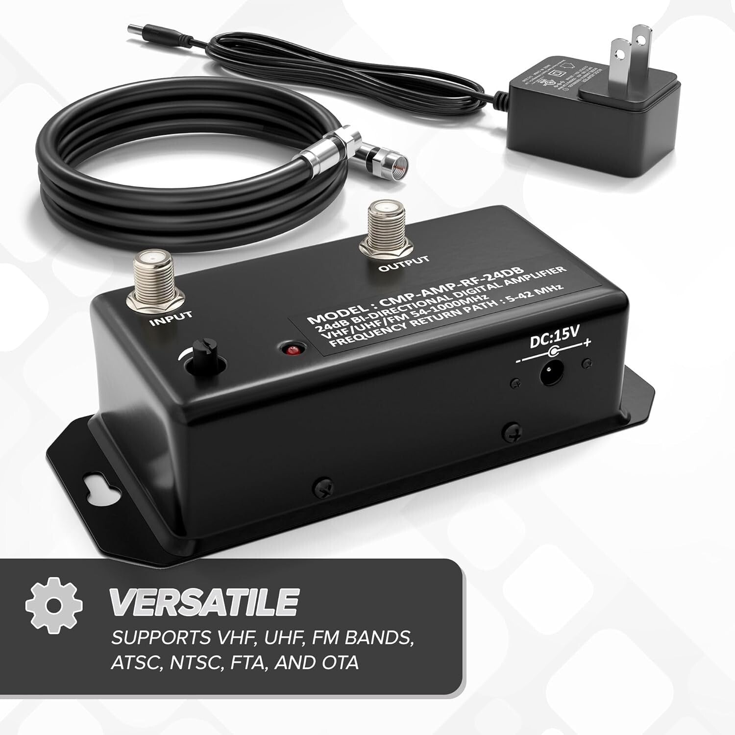 Compact 24 dB TV Signal Amplifier with Heavy Duty Metal Housing - Versatile Use